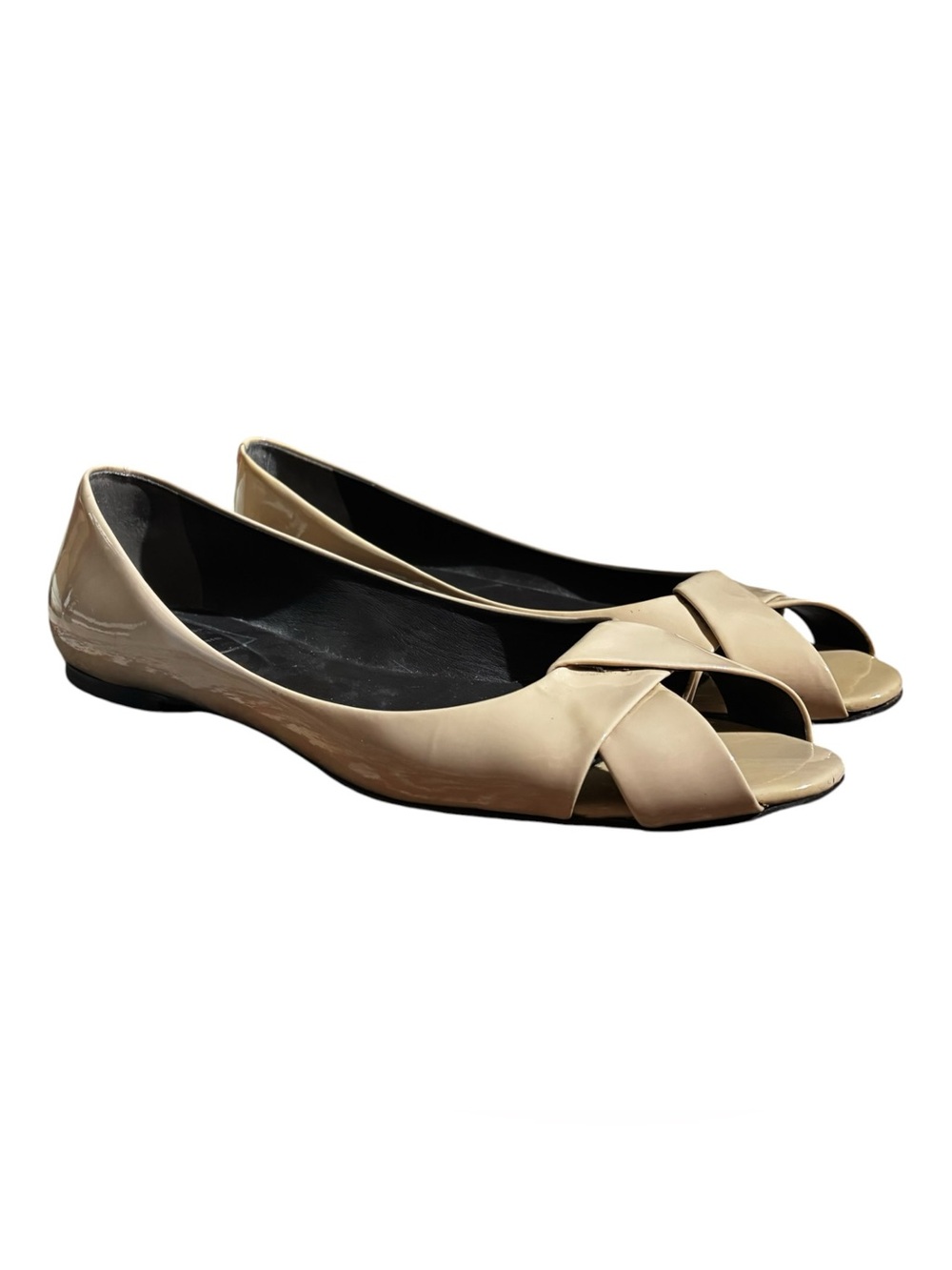 Roger Vivier Bernice Open Toe Ballet Flats Patent Leather Beige